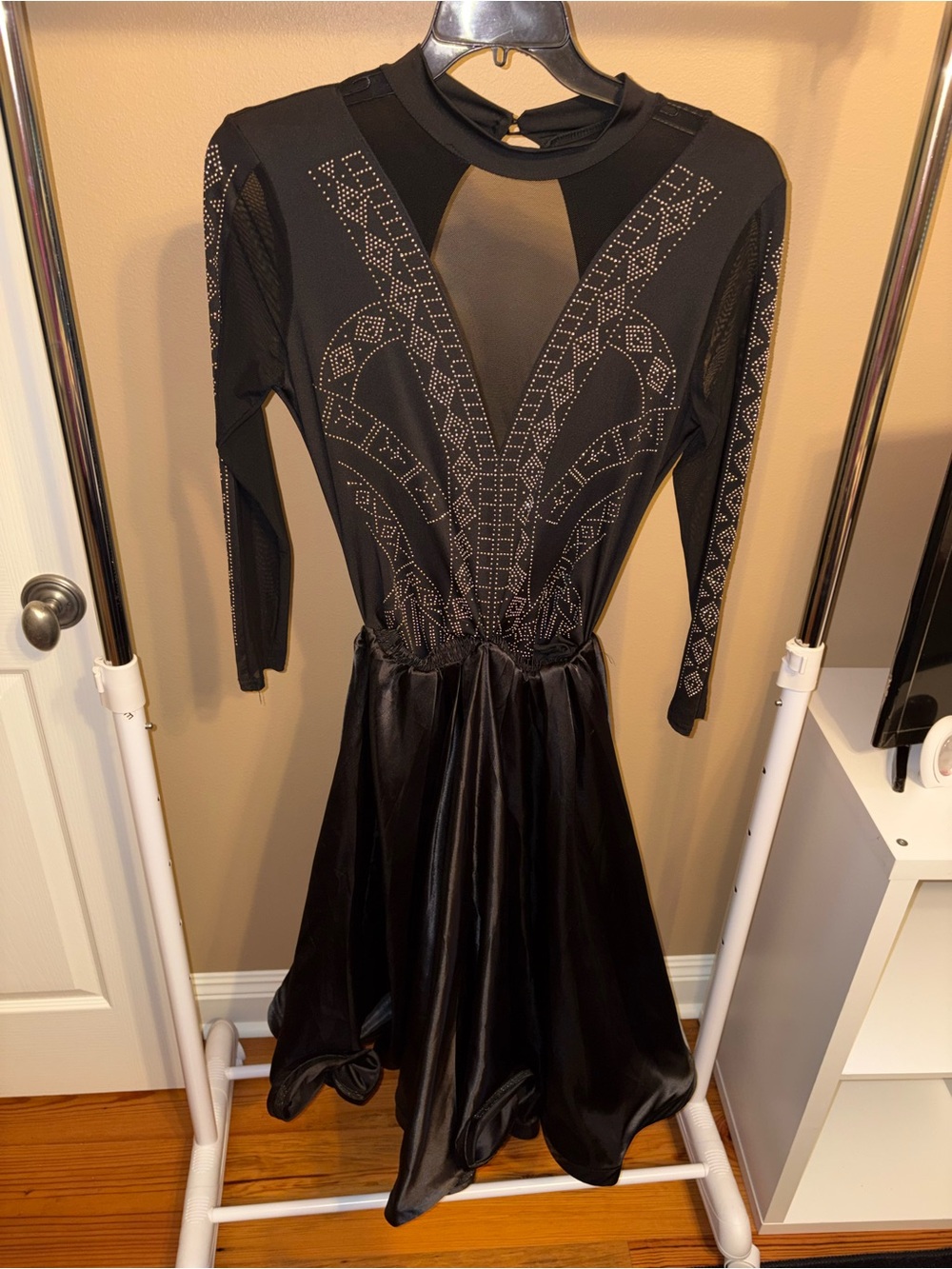 Black Long-Sleeve Mesh & Satin Bodysuit Skirt Combo
